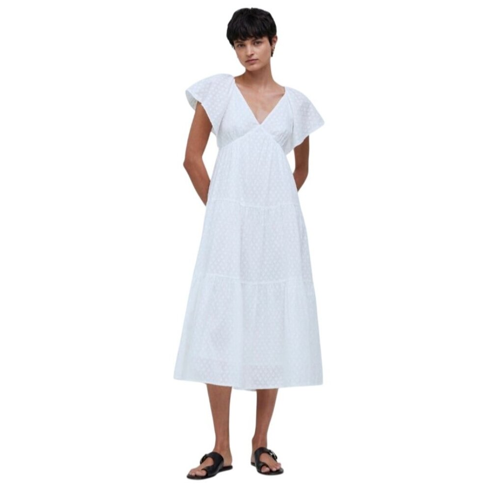 Madewell Tie-Back Flutter-Sleeve Tiered Midi Dress White Georgette NQ594 Size 12